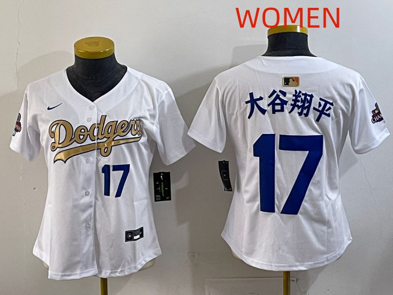 Women Los Angeles Dodgers #17 Ohtani White Champion edition Nike MLB Jersey style 004